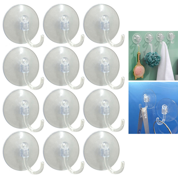 12 Clear Suction Cups Hooks Swivel Hanger Plastic Wall Bathroom Kitchen 1.87" D