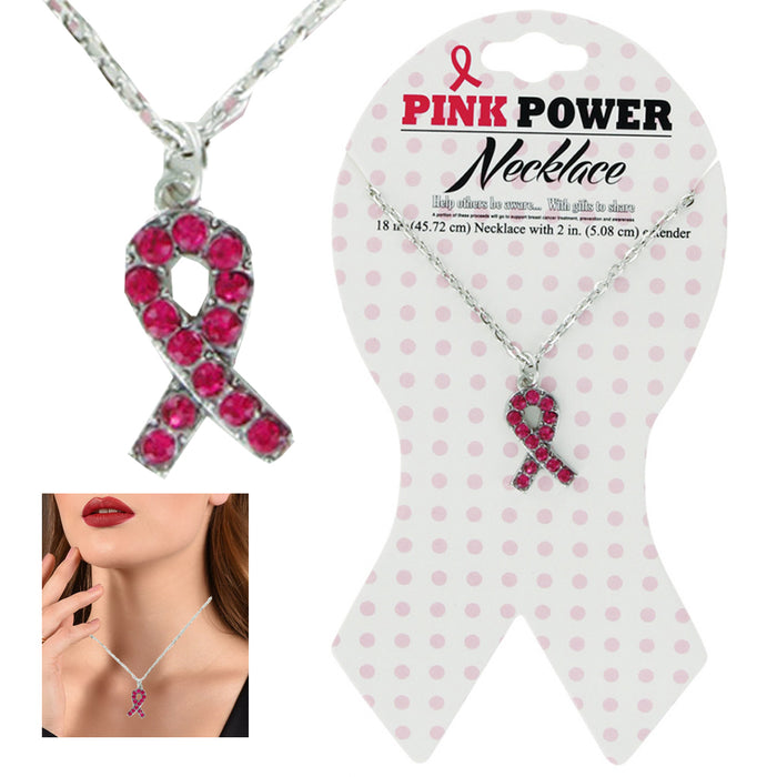 1 Breast Cancer Awareness Pink Ribbon Rhinestone Necklace Pendant Silver Chain