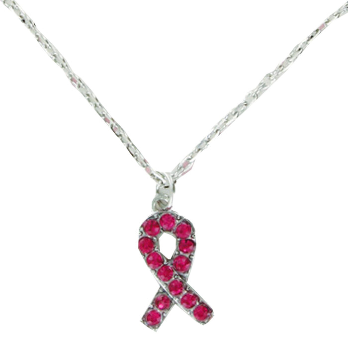 1 Breast Cancer Awareness Pink Ribbon Rhinestone Necklace Pendant Silver Chain
