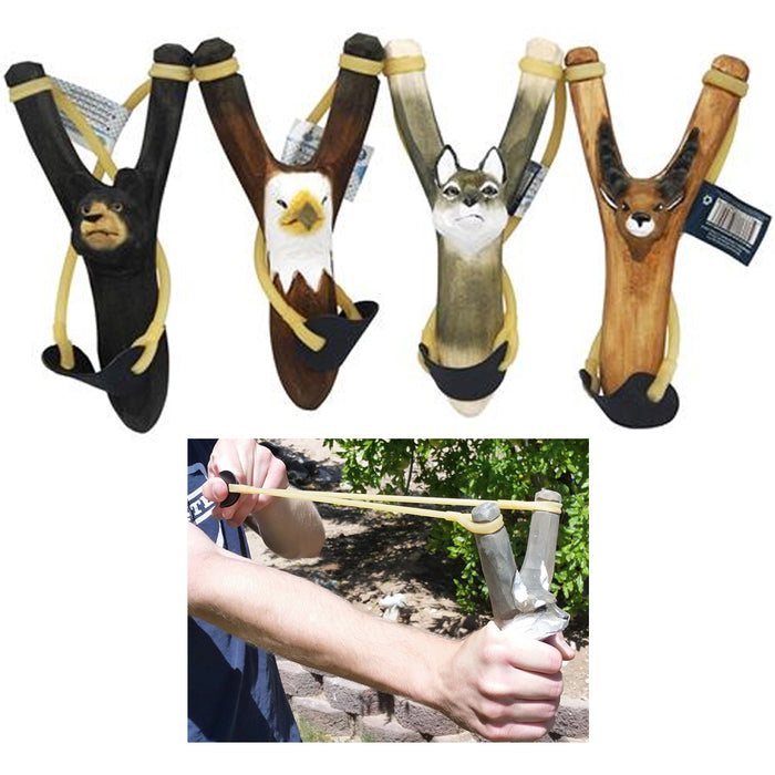 1 Hand Carved Animal Slingshot Wooden Sling Shot Catapult Deer Bear Eagle Wolf