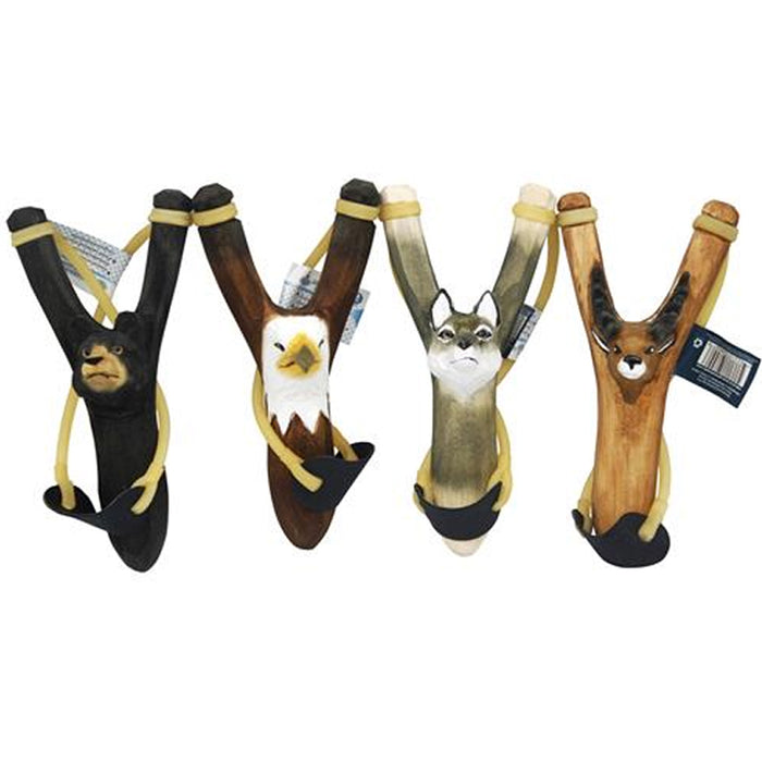 1 Hand Carved Animal Slingshot Wooden Sling Shot Catapult Deer Bear Eagle Wolf