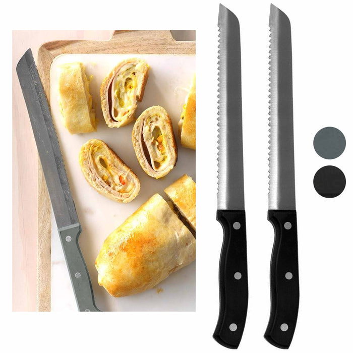 2 Bread Knives 8" Blade Stainless Steel Sharp Serrated Knife Cutter Slicer Chef