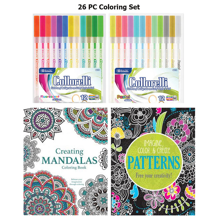 26 Pc Coloring Set Book Pens Glitter Gel Stress Relieving Mandala Drawing Adult