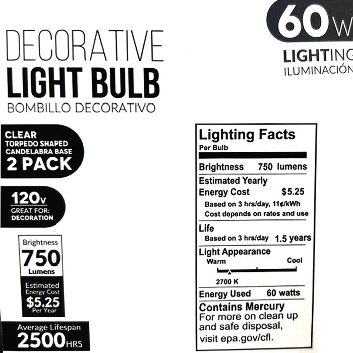 4 Clear 60 Watt Candelabra Night Light Bulbs 120V Torpedo Lamp Chandelier Sconce