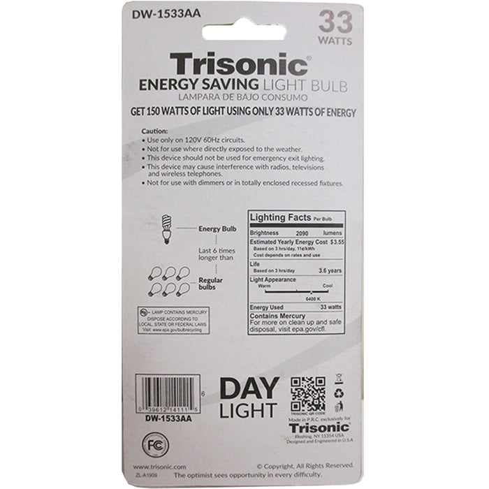 4 x Light Bulbs Daylight CFL Fluorescent Compact 33 Watts 150W Repl 6400K