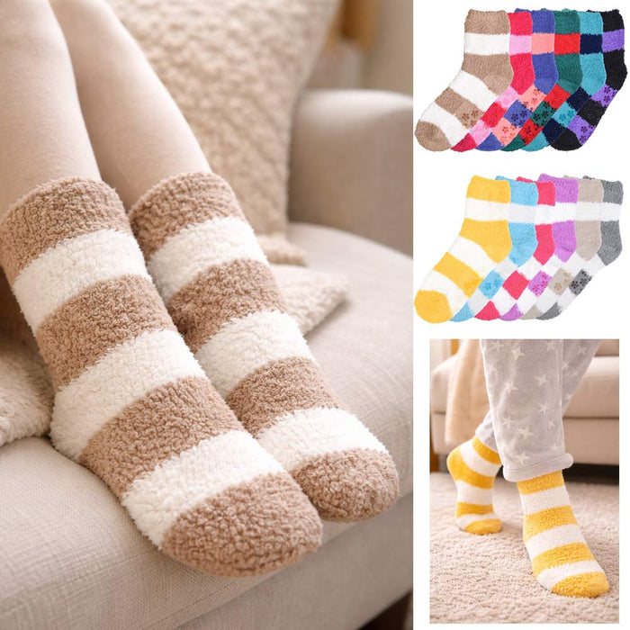 3 Pairs Soft Cozy Fuzzy Socks Warm Non Skid Striped Women Girl Home Slipper 9-11