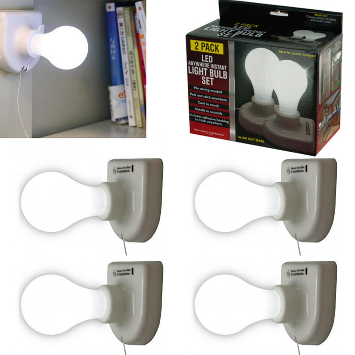 4pc Light Bulbs LED Stick On Pull Chain Battery Powered Bulb Portable Mount Lamp