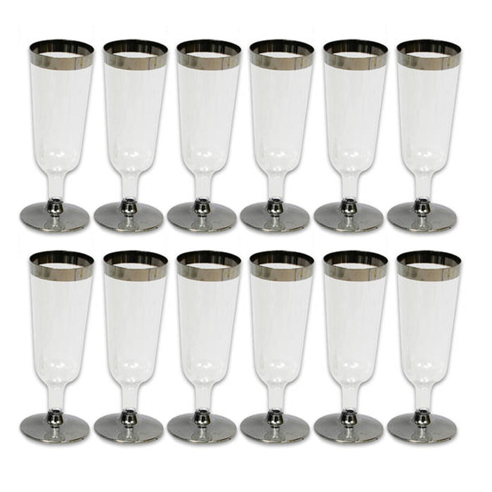 12 Pc Champagne Flute Wedding Party Plastic Silver Rimmed Disposable Wine Glass