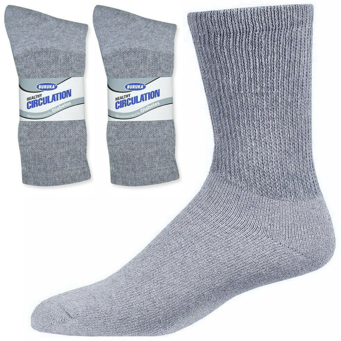 6 Pair Diabetic Crew Socks Circulatory Health Support Cotton Loose Fit Grey 9-11