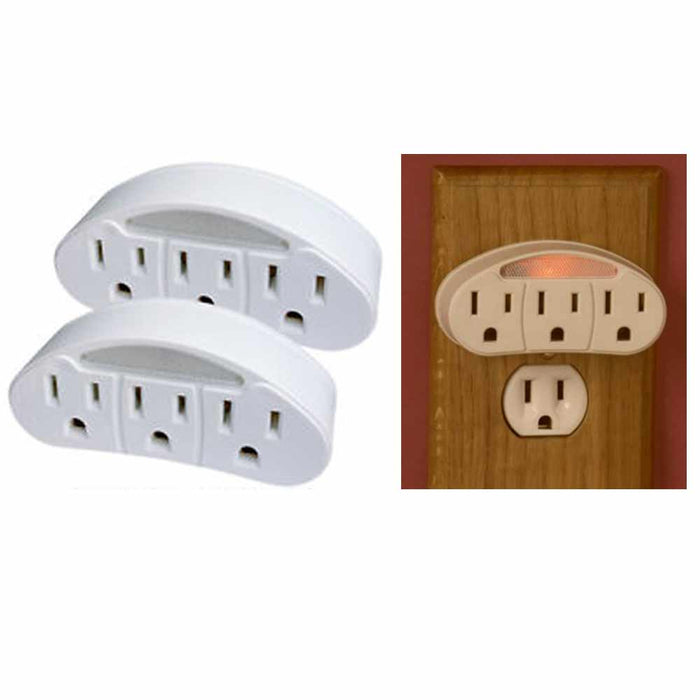 2 Pack 3 Outlet Wall Plug With Sensor Night Light Grounded AC Power Tap Adapter