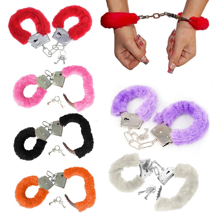 Furry Cuffs Sexy Love Hand Adult Party Handcuffs Fuzzy Red Fur Lined Metal New !