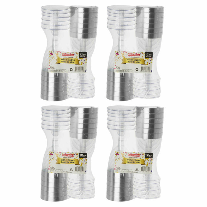 48 Pc Disposable Wine Glasses Clear Silver Rim Plastic Party Champagne Flute 5oz