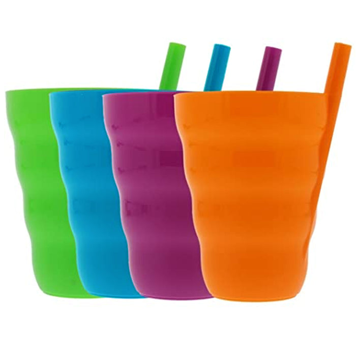 4 Pc Plastic Drinking Cups Built In Straw Children Sip Mug Drink Kitchen 11oz