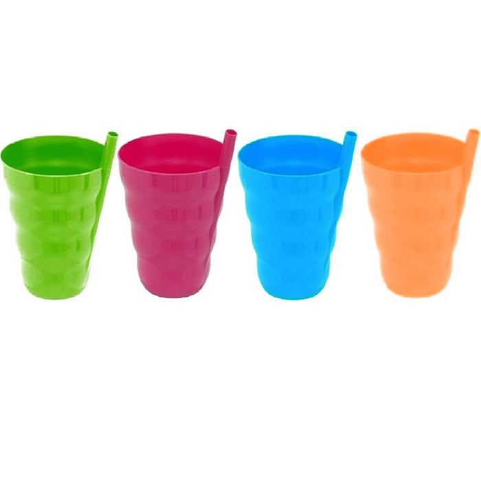 4 Pc Plastic Drinking Cups Built In Straw Children Sip Mug Drink Kitchen 11oz