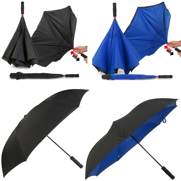 Inverted Umbrella 46" Oversize Windproof Reverse Upside Down Double Layer Handle