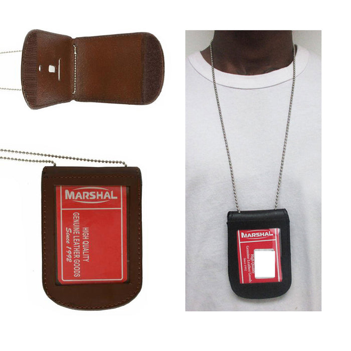 Police Security Leather Shield Badge Holder W/ Neck Chain Holder Brown Universal