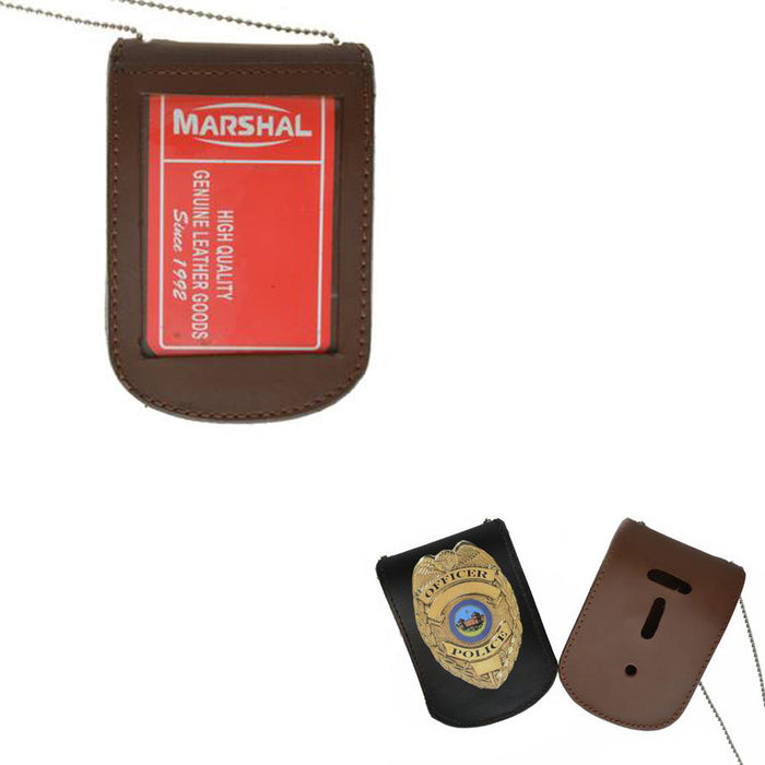 Police Security Leather Shield Badge Holder W/ Neck Chain Holder Brown Universal