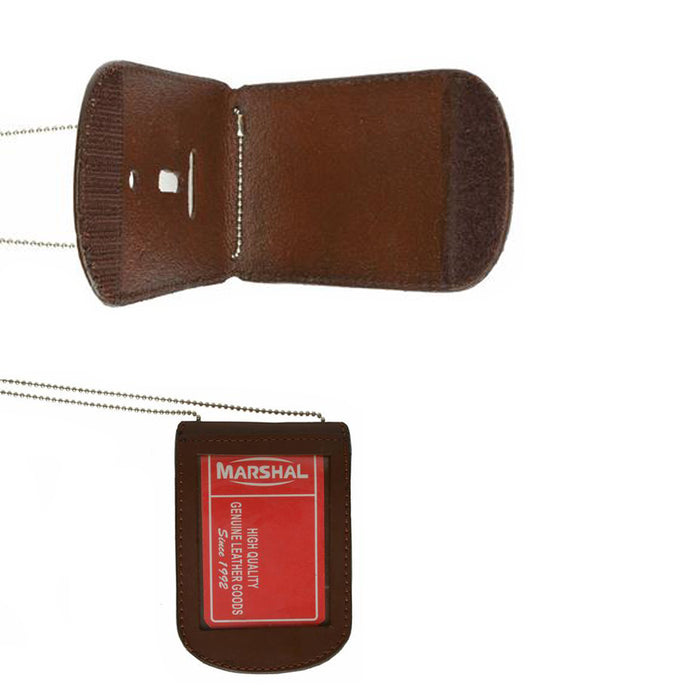 Police Security Leather Shield Badge Holder W/ Neck Chain Holder Brown Universal