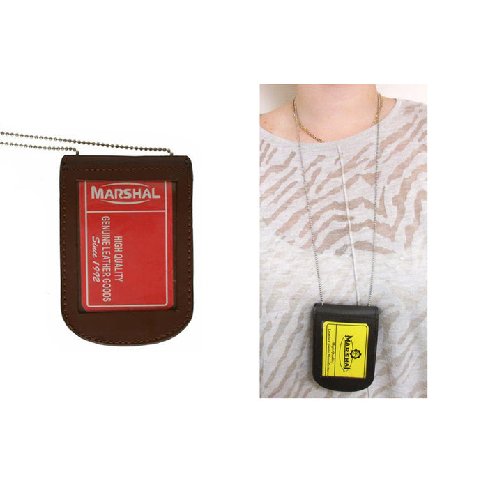 Police Security Leather Shield Badge Holder W/ Neck Chain Holder Brown Universal
