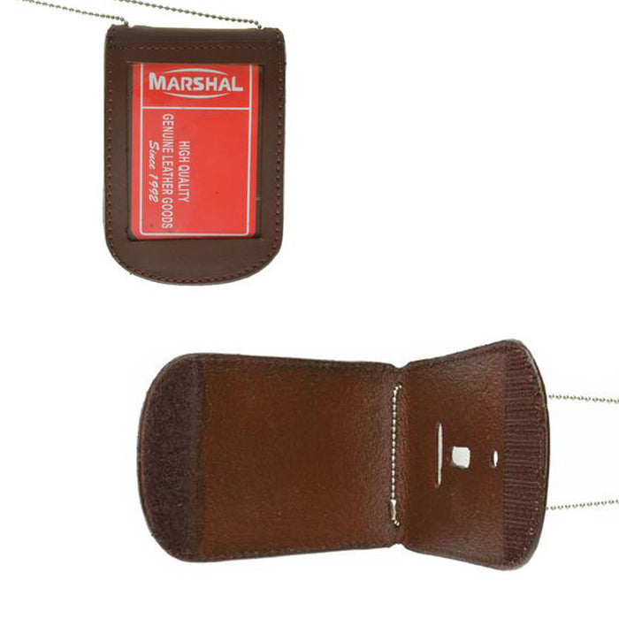 Police Security Leather Shield Badge Holder W/ Neck Chain Holder Brown Universal