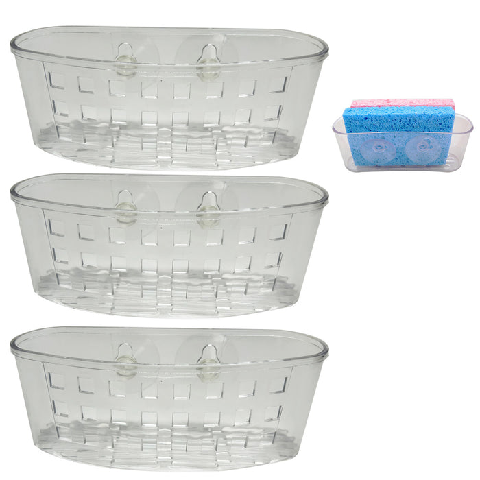 3Pack Sink Caddy Dish Soap Scrubber Sponge Holder Basket with Suction Cups Clear