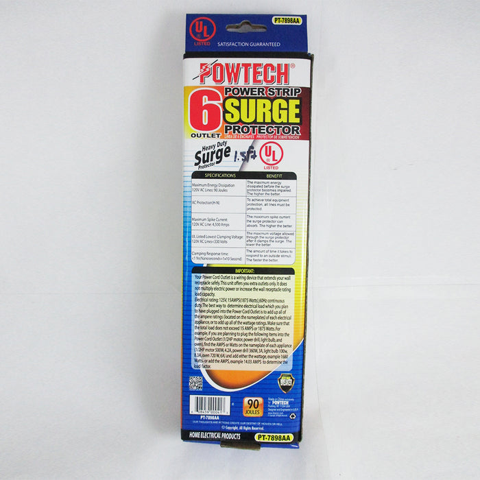 6 Outlet Power Strip Extension Cord Surge Protection 1.5 ft 90 Joules UL New