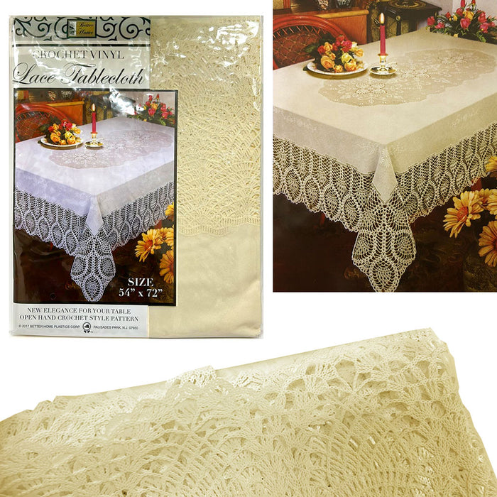 1 Beige Crochet Lace Vinyl Tablecloth Vintage Doily Table Cloth Rectangle 54X72