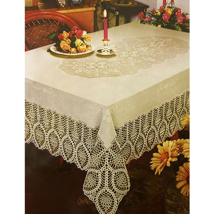 1 Beige Crochet Lace Vinyl Tablecloth Vintage Doily Table Cloth Rectangle 54X72