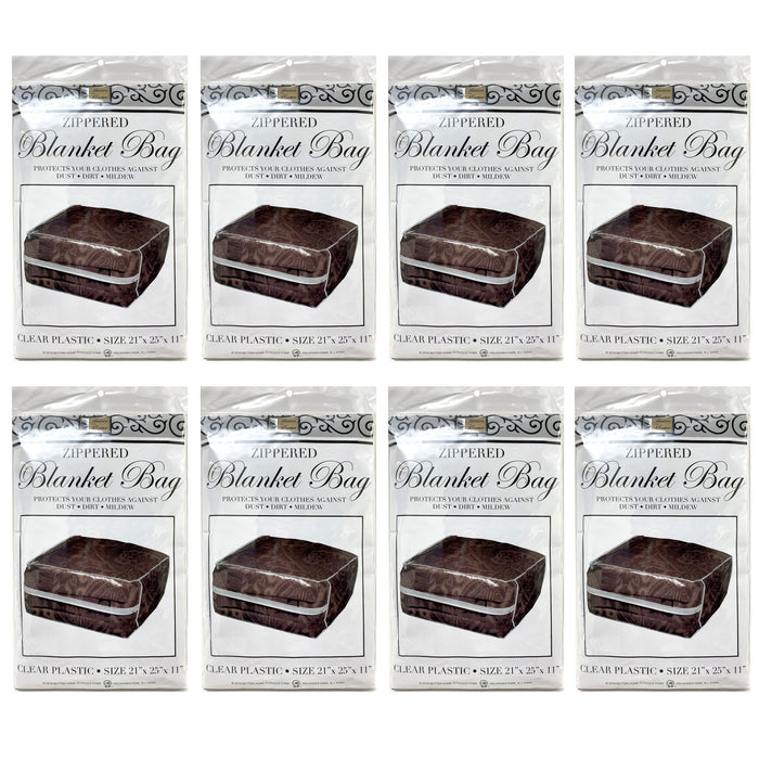 8 Pc Plastic Zippered Blanket Storage Bags Bed Sheets King Queen Comforter 25"