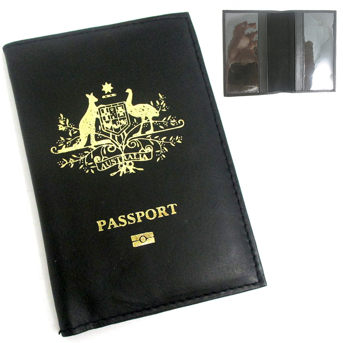 Australia Genuine Leather Travel Passport Wallet Cover Case Holder Black Gold