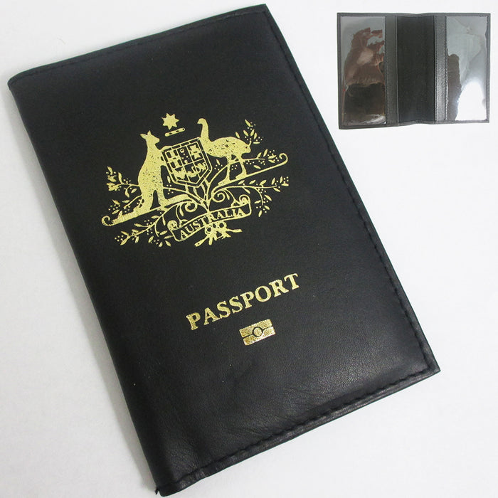 Australia Genuine Leather Travel Passport Wallet Cover Case Holder Black Gold