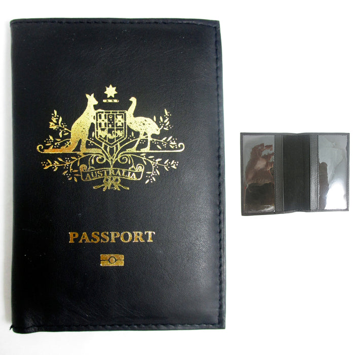 Australia Genuine Leather Travel Passport Wallet Cover Case Holder Black Gold