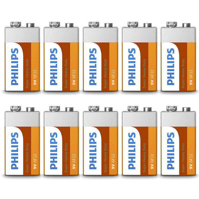 10 x 9 Volt 9V Batteries Philips Heavy Duty Battery 6F22 Alarm Detector Exp 2022