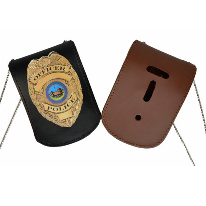 Police Security Leather Shield Badge Holder W/ Neck Chain Holder Brown Universal
