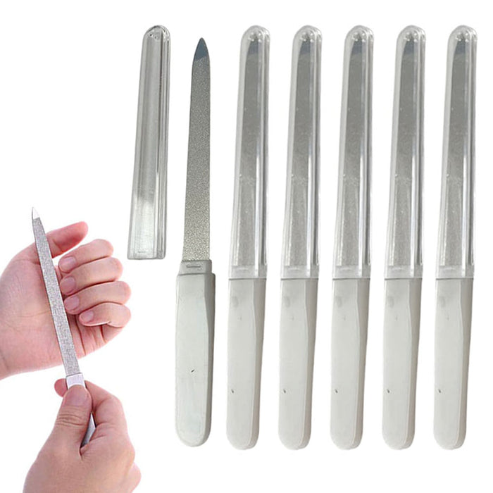 6 Pc Heavy Duty Sapphire Nail Files W/ Cover Buffer Metal Emery Boards Manicure