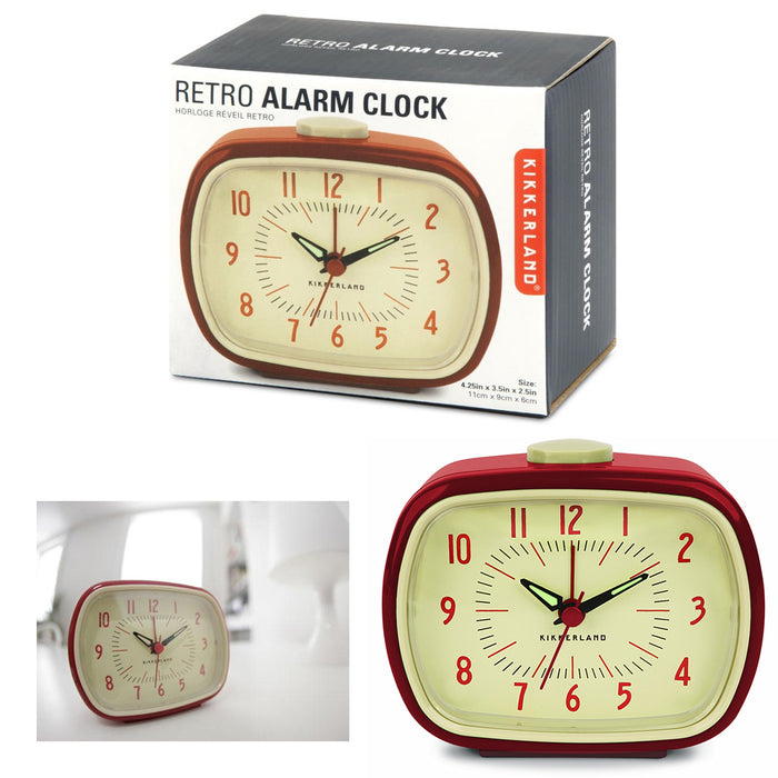 Kikkerland Retro Alarm Clock Red Vintage Old Time Classic Style Hands Glow Dark