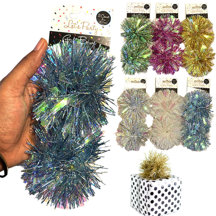 6 Pom Pom Bow Gift Wrapping Decor Present Peel Stick Christmas Ribbon Tinsel 3pk