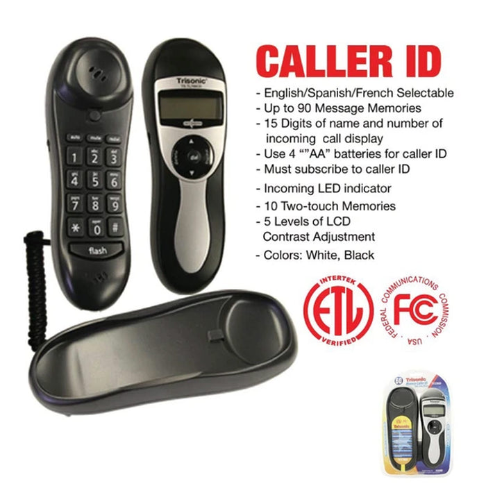 Corded Phone Slim Line Desk and Wall Mount Telephone Caller ID 90 Memory Black