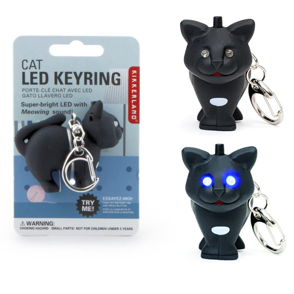 Kikkerland Black Cat LED Keyring Light Up Eyes Meowing Sound Key