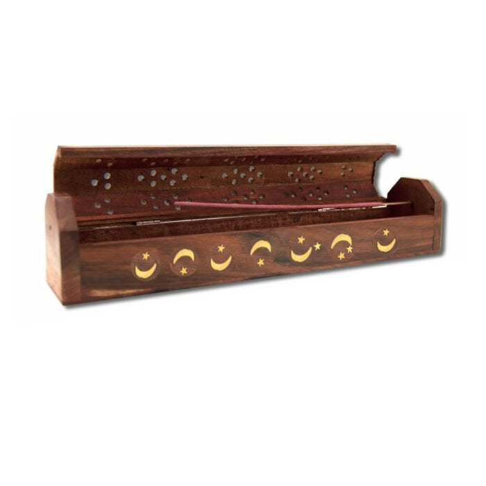 1 Pc Wooden Incense Burner Box Coffin Hinged Style Burning Sticks Cones 12 inch