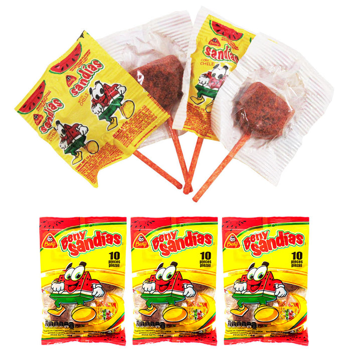 30 Pc Mexican Chili Lollipops Watermelon Paletas Chile Sandia Hard Candy 3 Bags