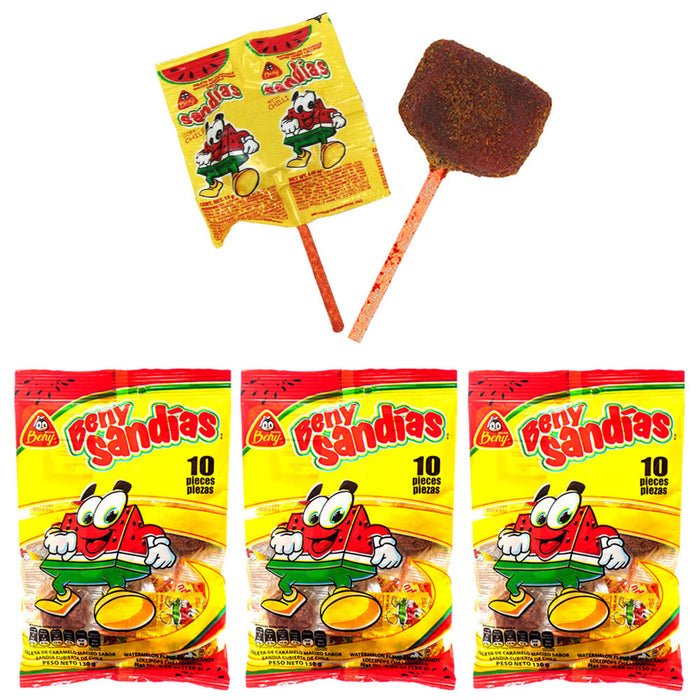 30 Pc Mexican Chili Lollipops Watermelon Paletas Chile Sandia Hard Candy 3 Bags