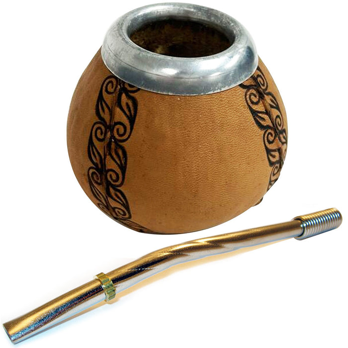 Argentina Mate Gourd Yerba Tea Drinking Straw Bombilla Carved Handmade Kit 0164