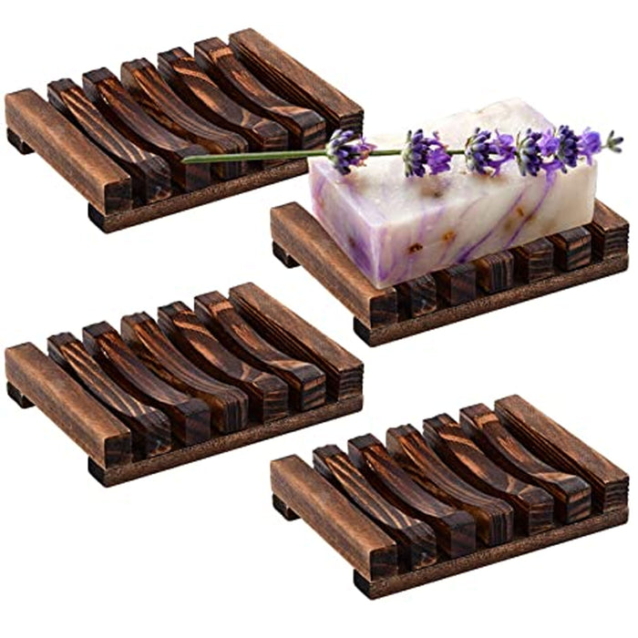 4 Pc Bamboo Wooden Soap Bar Dish Tray Holder Natural Bath Storage Rack Plate Box