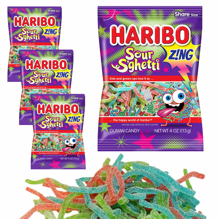 4 Bags Haribo Sour S'Ghetti Gummi Candy Gummy Chewy Candies Party Treats Goodies