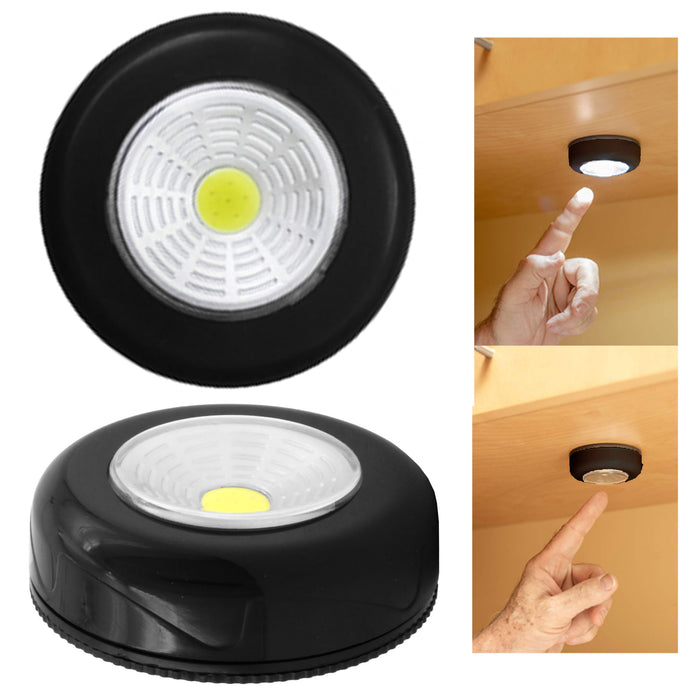 2 Pc Black COB LED Night Light Tap Push Cabinet Wall Wireless Battery Operated