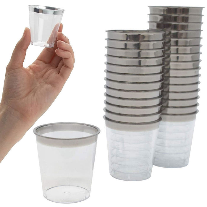 24 Pack Rim Plastic Shot Glasses 1 oz Clear Silver Disposable Party Cups Tasting