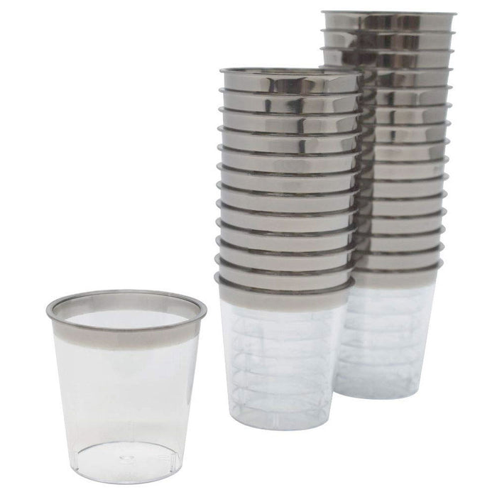 24 Pack Rim Plastic Shot Glasses 1 oz Clear Silver Disposable Party Cups Tasting