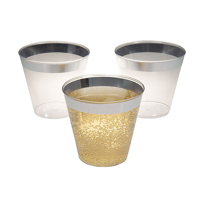 24 Pk Plastic Shot Glasses Mini Cups Silver Rim Clear Disposable Wedding 1oz
