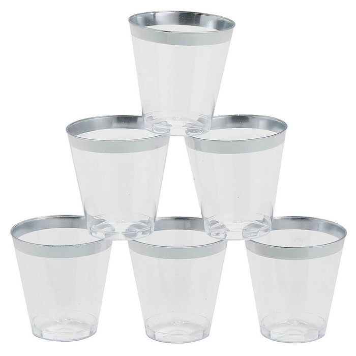 48 X Elegant Silver Rim Shot Glasses Hard Plastic Mini Cups Clear Disposable 1oz